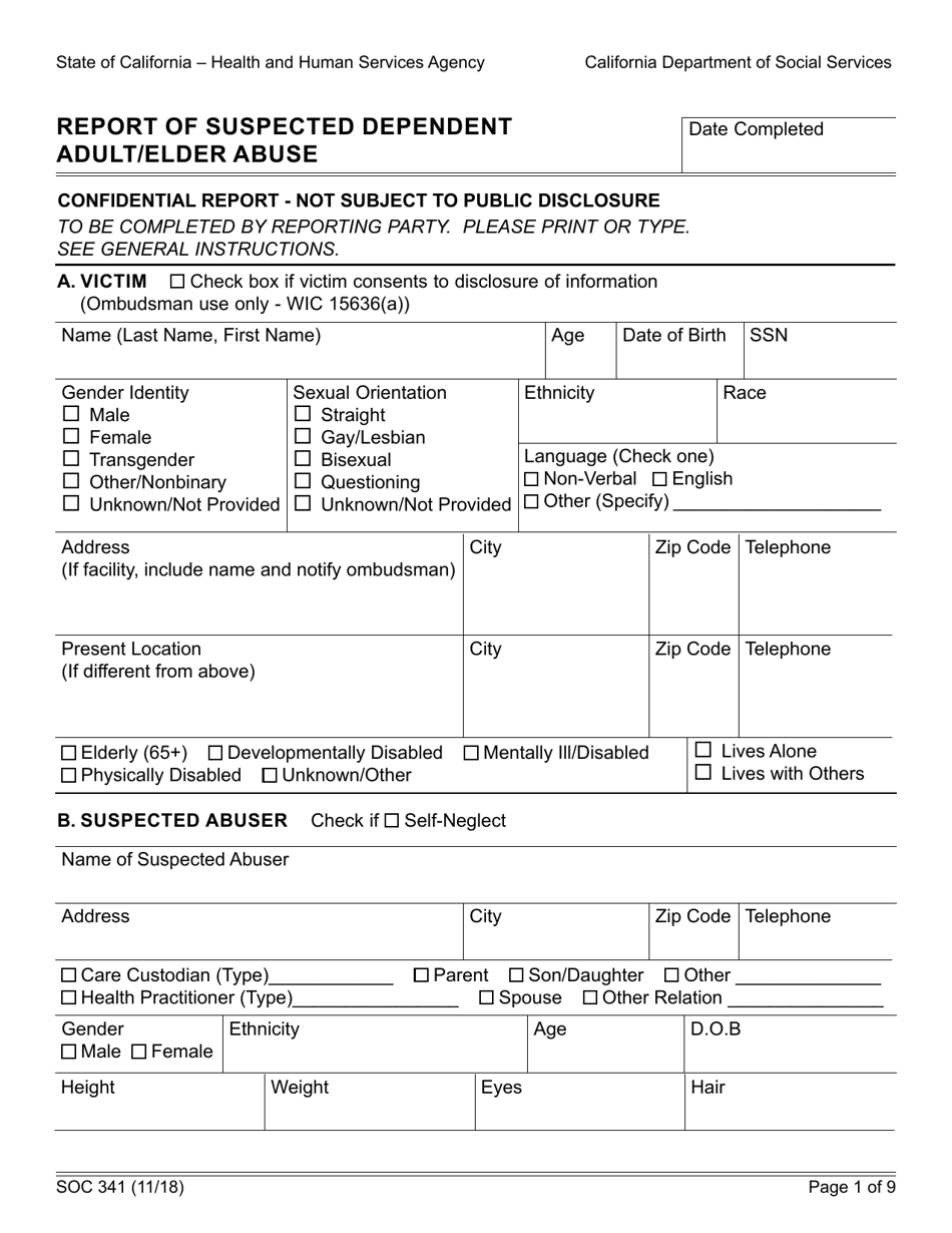 Form SOC341 Report of Suspected Dependent Adult / Elder Abuse - California, Page 1