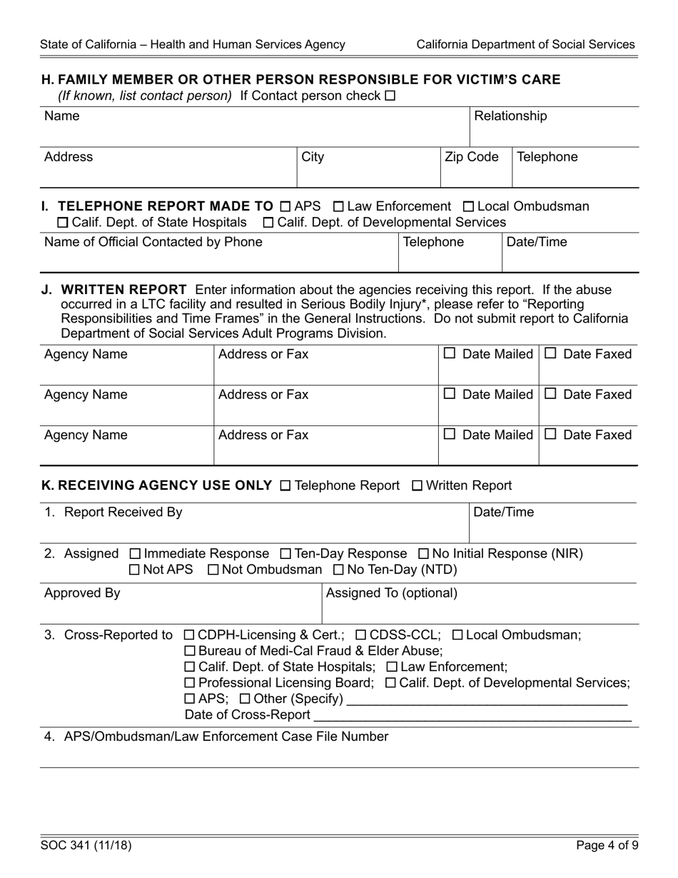 Form SOC341 Report of Suspected Dependent Adult / Elder Abuse - California, Page 4
