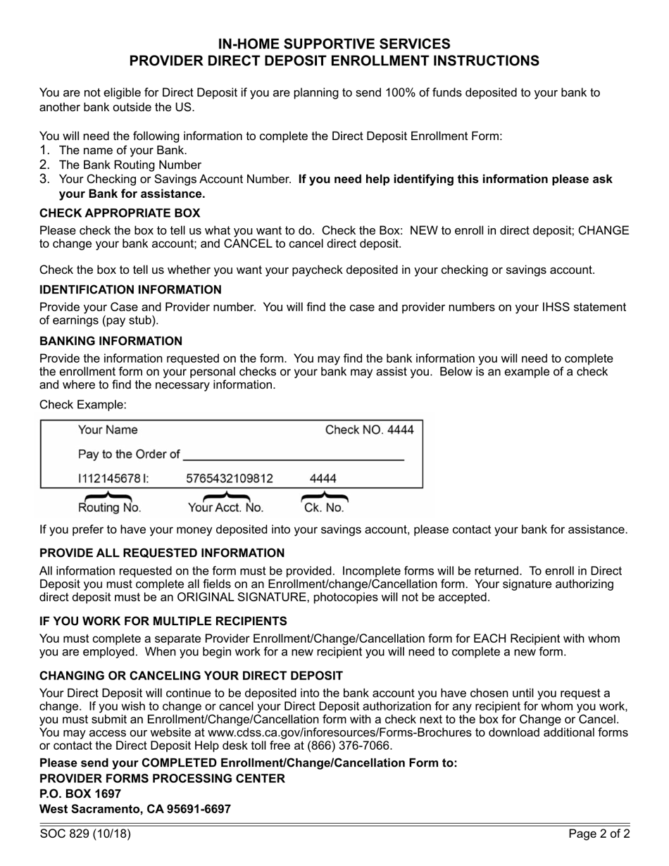 Form SOC829 In-home Supportive Services (Ihss) / Waiver Personal Care Services (Wpcs) Provider Direct Deposit Enrollment / Change / Cancellation Form - California, Page 2