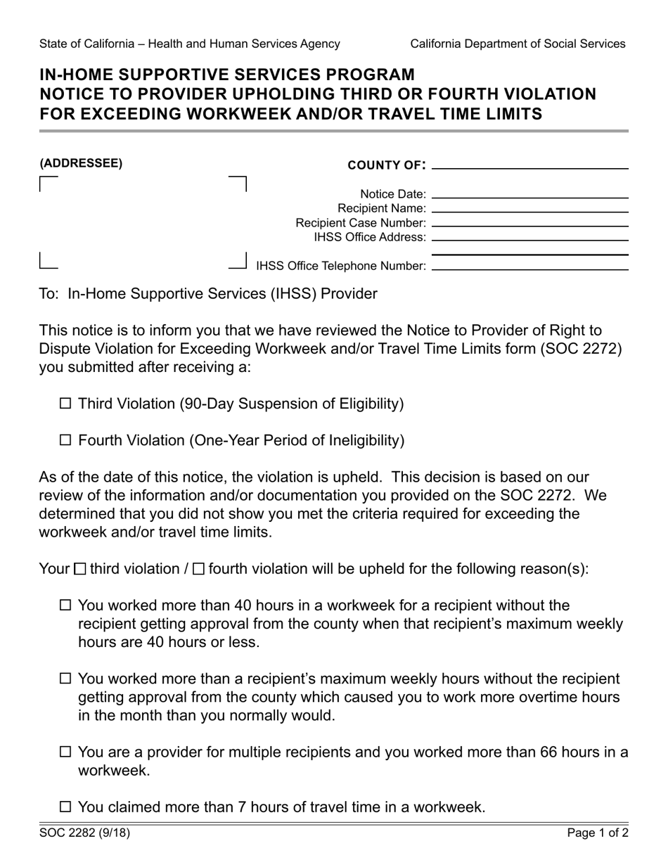 Form SOC2282 In-home Supportive Services Program Notice to Provider Upholding Third or Fourth Violation for Exceeding Workweek and / or Travel Time Limits - California, Page 1
