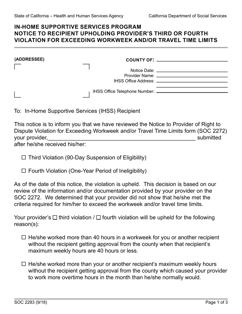 Form SOC2283 In-home Supportive Services Program Notice to Recipient Upholding Providers Third or Fourth Violation for Exceeding Workweek and / or Travel Time Limits - California, Page 1