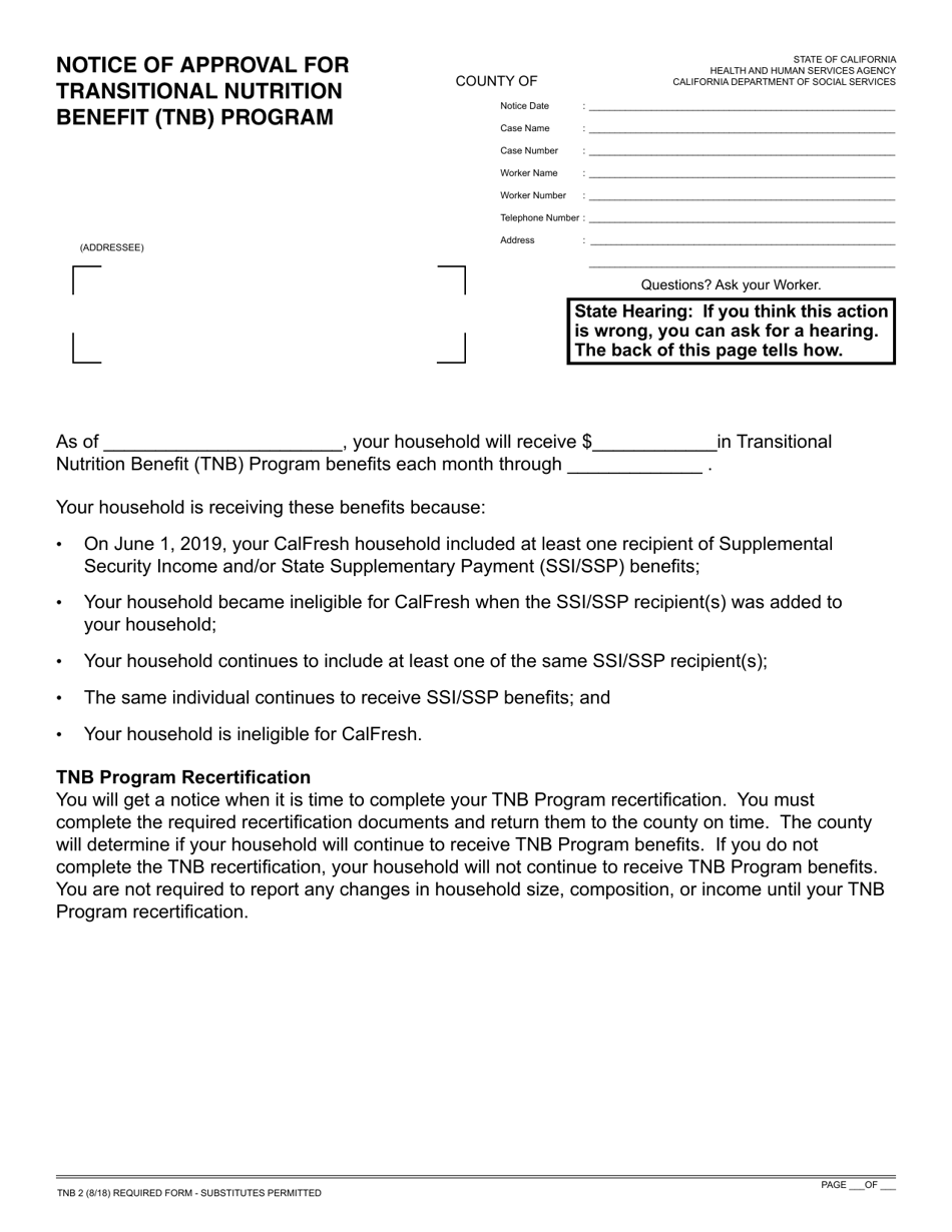Form TNB2 Notice of Approval for Transitional Nutrition Benefit (Tnb) Program - California, Page 1