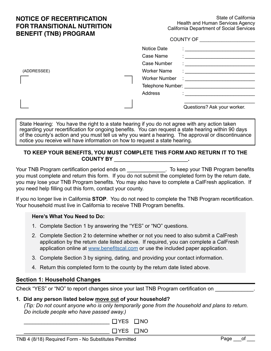 Form TNB4 Notice of Recertification for Transitional Nutrition Benefit (Tnb) Program - California, Page 1