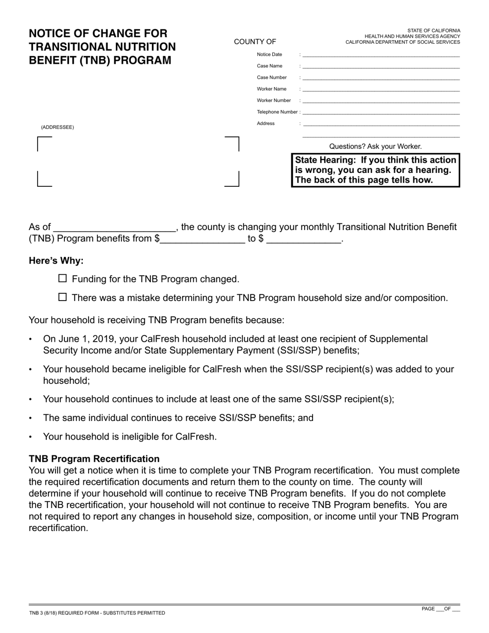 Form TNB3 Notice of Change for Transitional Nutrition Benefit (Tnb) Program - California, Page 1