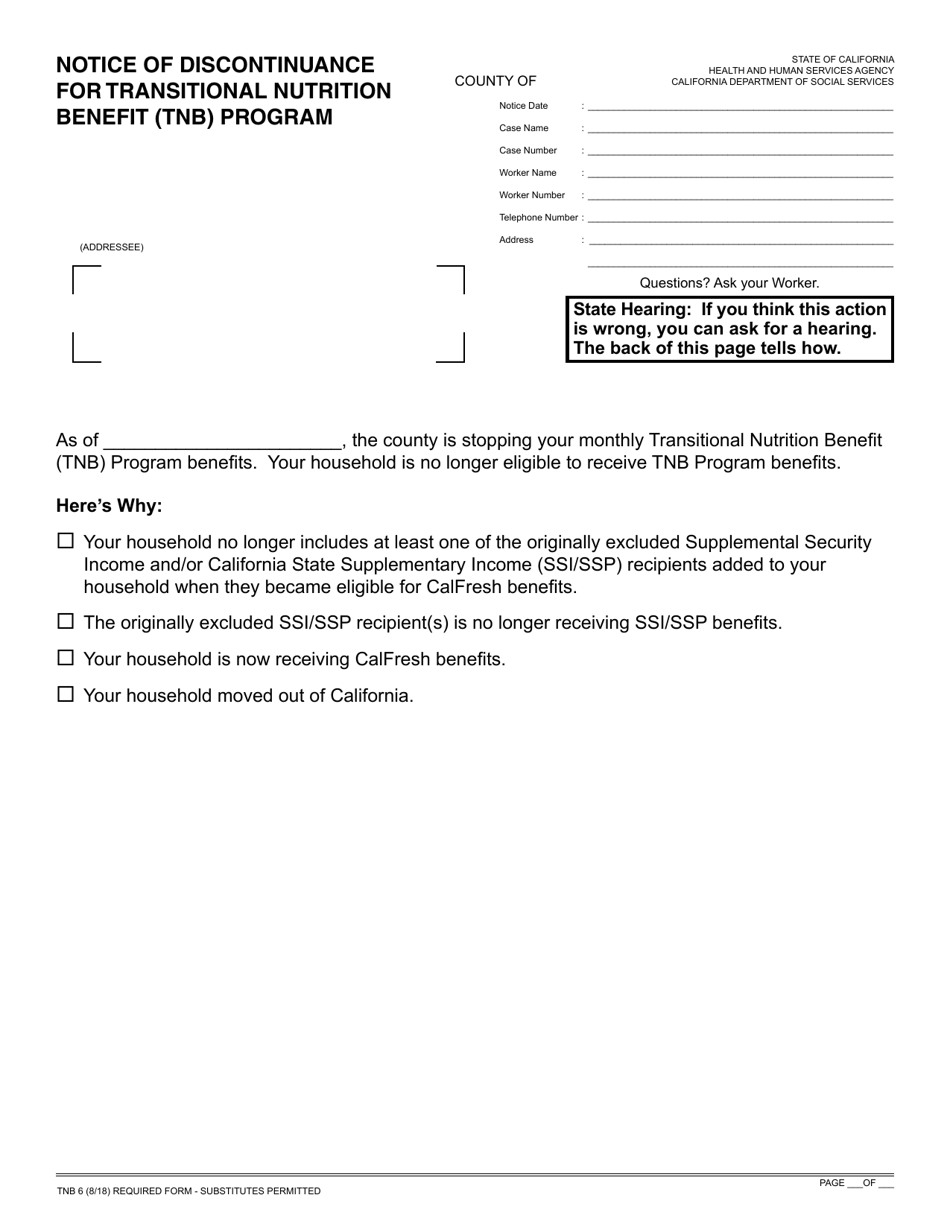 Form TNB6 Notice of Discontinuance for Transitional Nutrition Benefit (Tnb) Program - California, Page 1