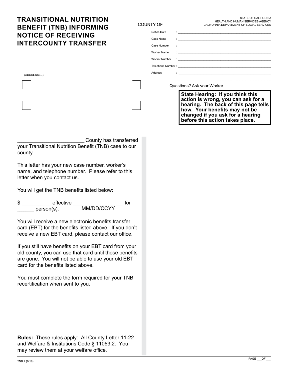 Form TNB7 Transitional Nutrition Benefit (Tnb) Informing Notice of Receiving Intercounty Transfer - California, Page 1