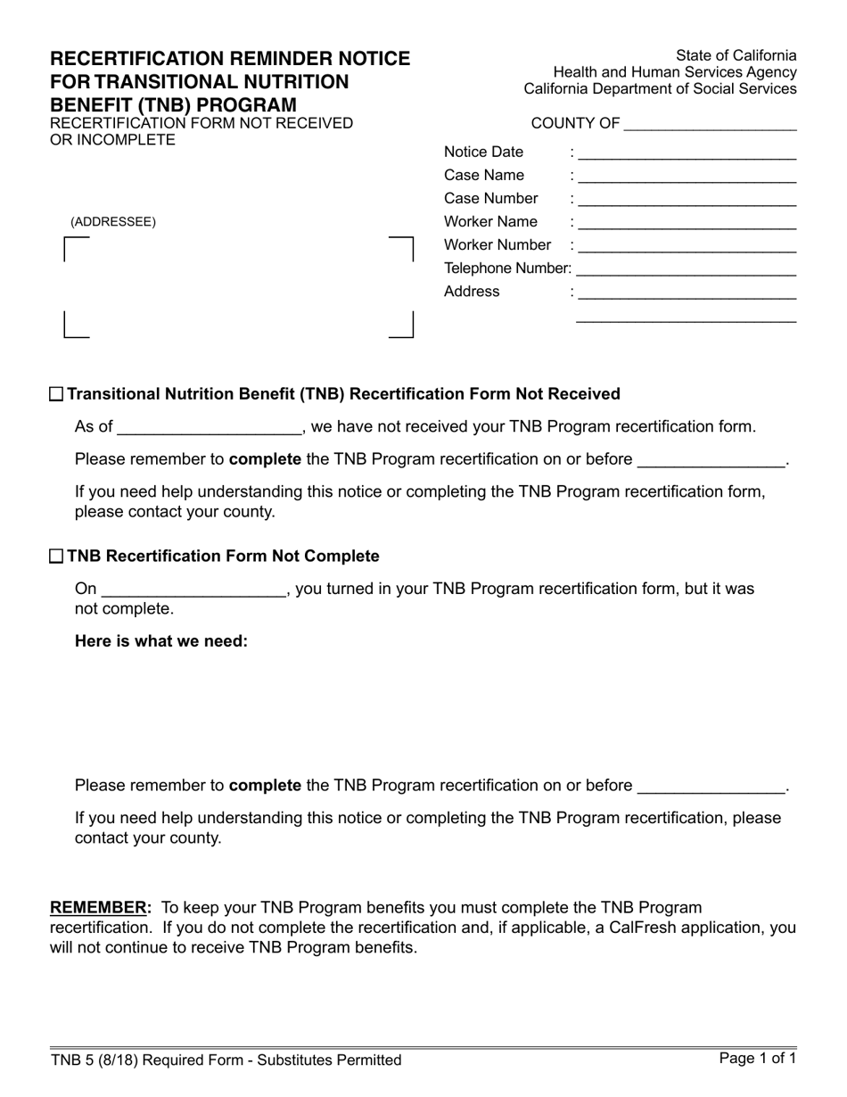 Form TNB5 Recertification Reminder Notice for Transitional Nutrition Benefit (Tnb) Program Recertification Form Not Received or Incomplete - California, Page 1