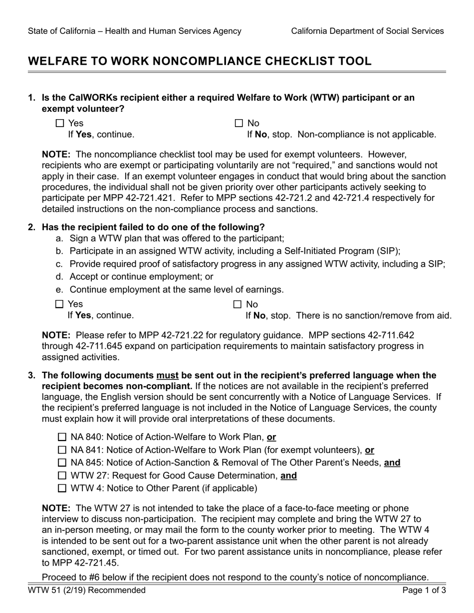 Form WTW51 Welfare to Work Noncompliance Checklist Tool - California, Page 1