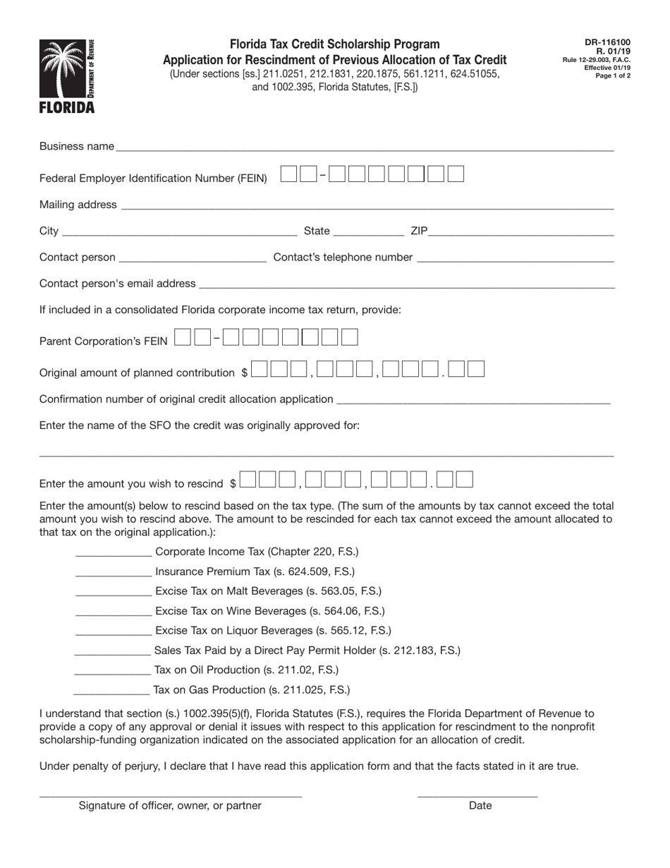 Form DR-116100 Florida Tax Credit Scholarship Program Application for Rescindment of Previous Allocation of Tax Credit - Florida, Page 1