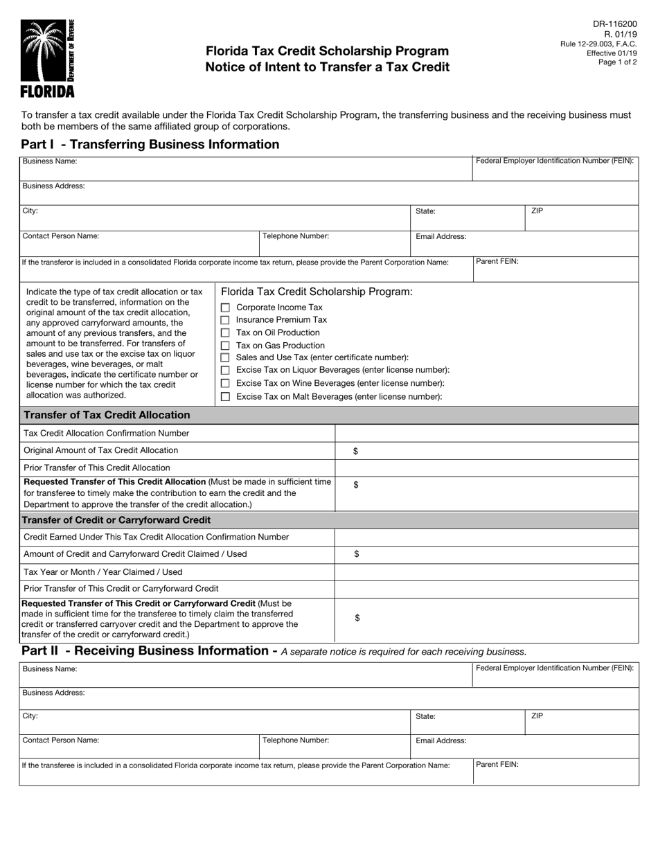 Form DR-116200 Florida Tax Credit Scholarship Program Notice of Intent to Transfer a Tax Credit - Florida, Page 1