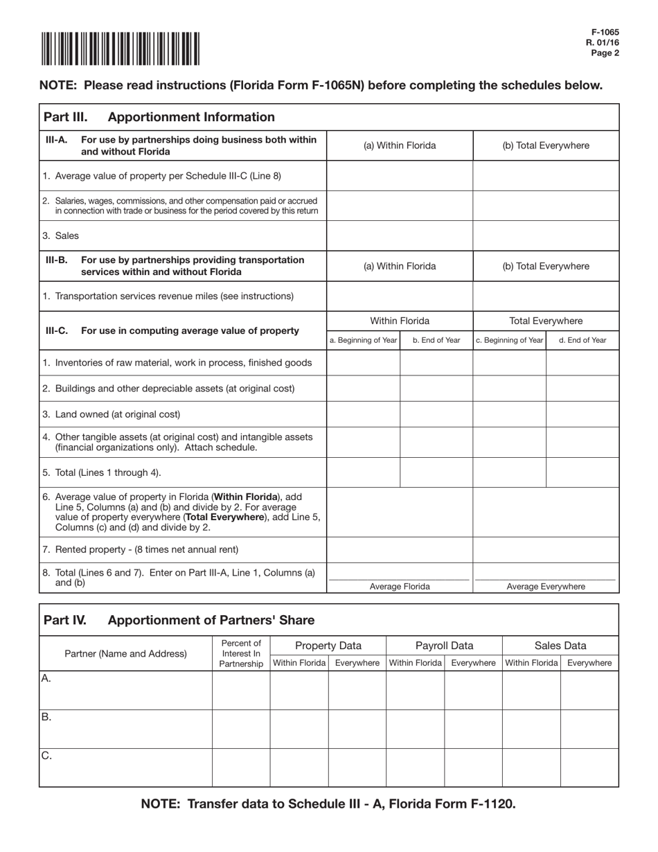 Form F-1065 Florida Partnership Information Return - Florida, Page 2