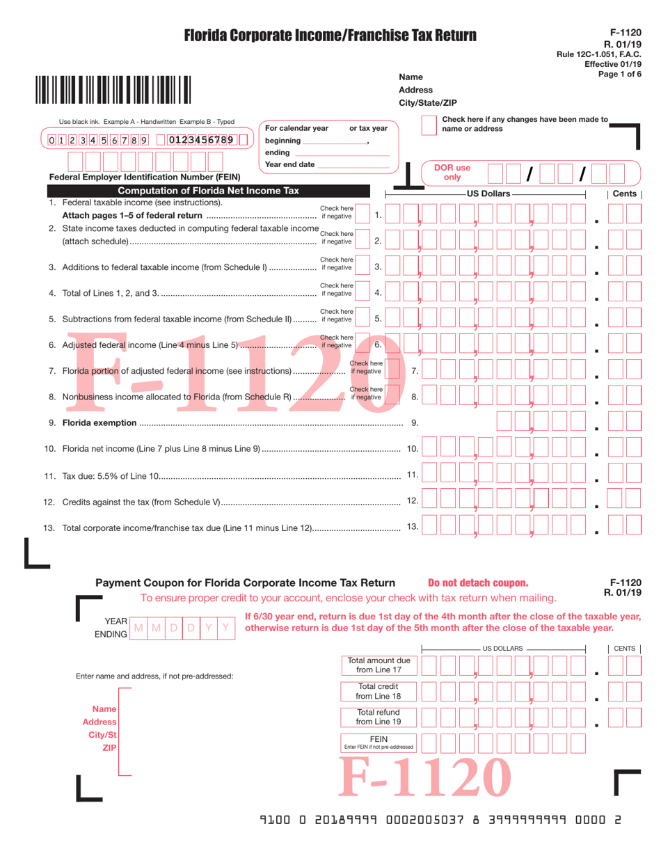 Form F-1120 Florida Corporate Income / Franchise Tax Return - Florida, Page 1