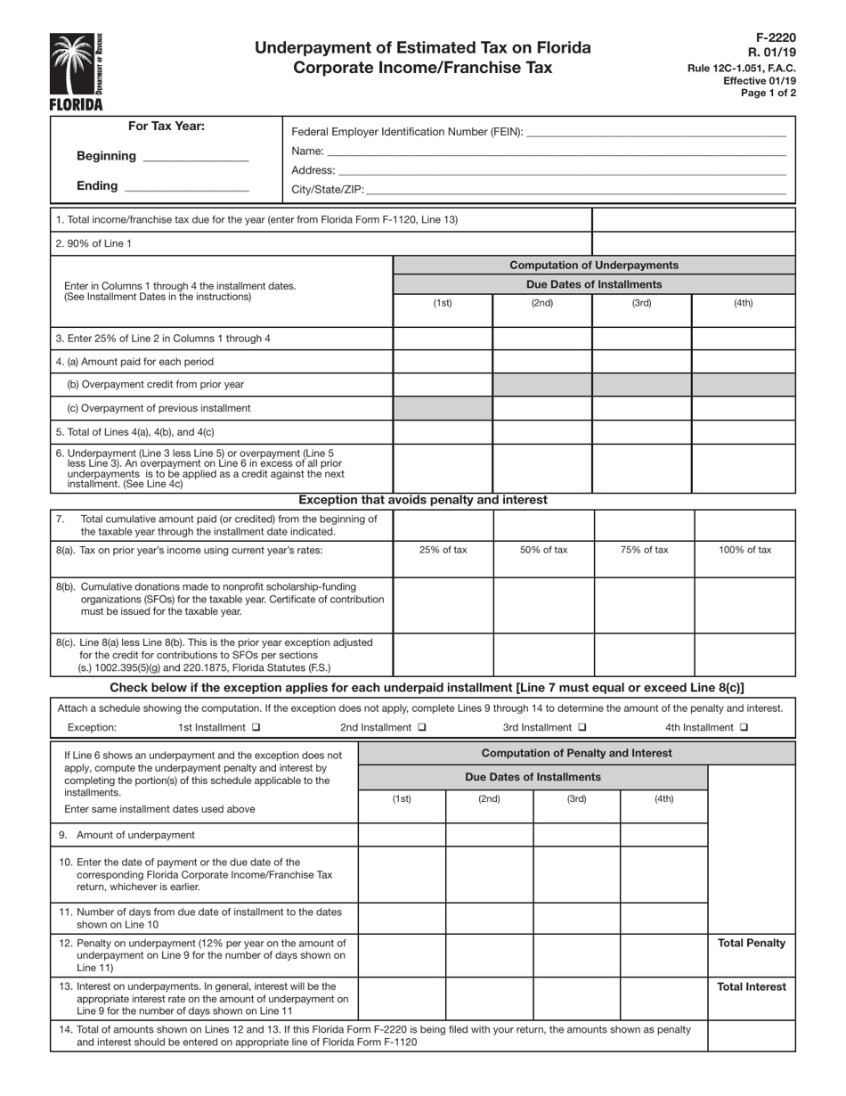 Form F-2220 Underpayment of Estimated Tax on Florida Corporate Income / Franchise Tax - Florida, Page 1