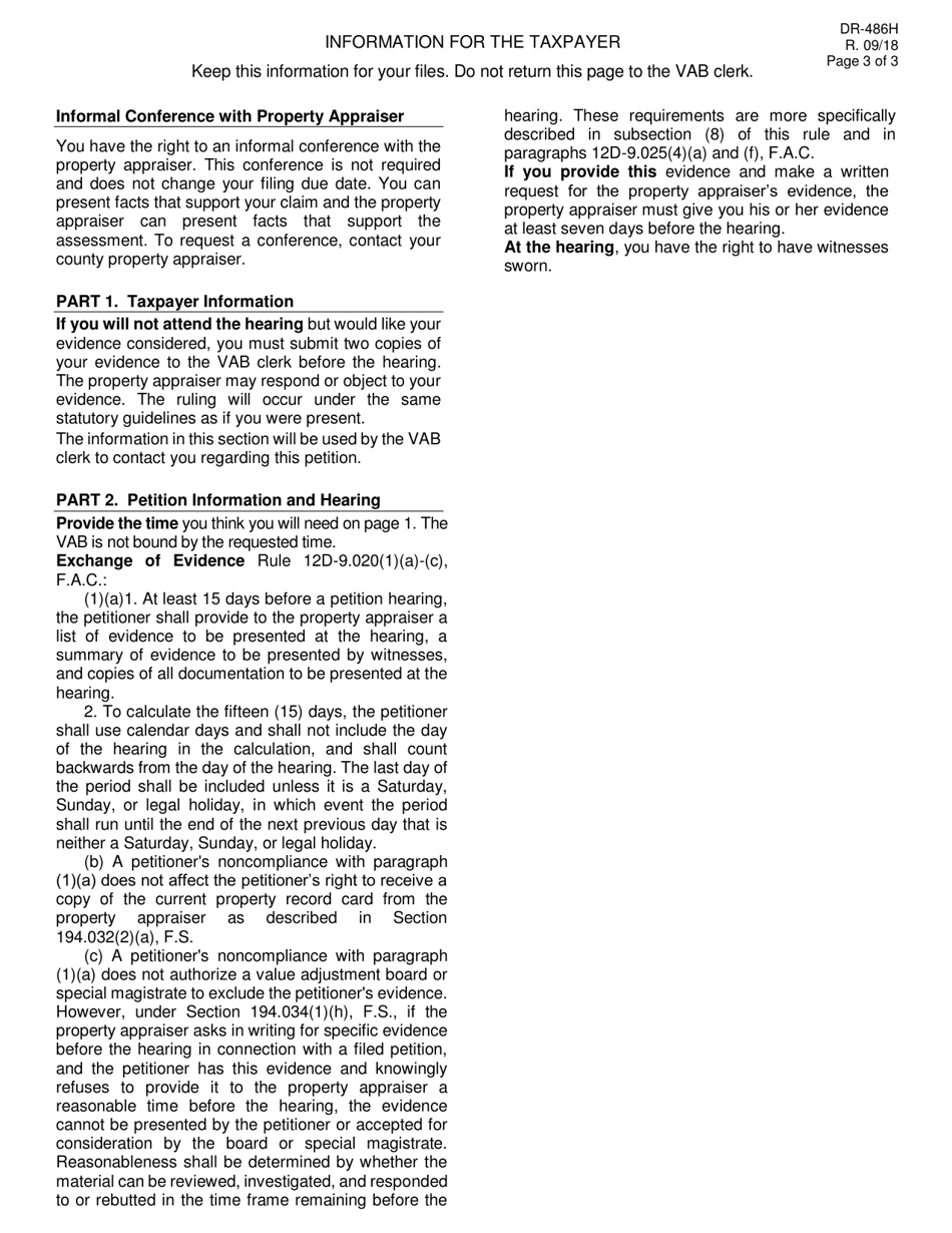 Form DR-486H Petition to the Value Adjustment Board for Abatement of Taxes - Florida, Page 3