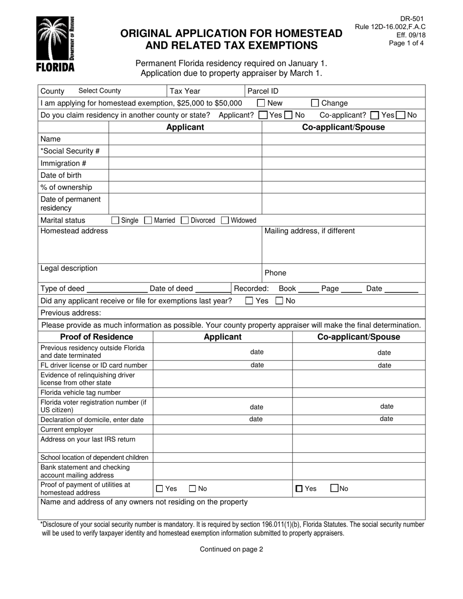 Form DR-501 Original Application for Homestead and Related Tax Exemptions - Florida, Page 1