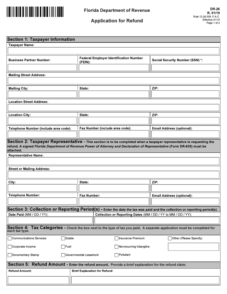 Form DR-26 Application for Refund - Florida, Page 1