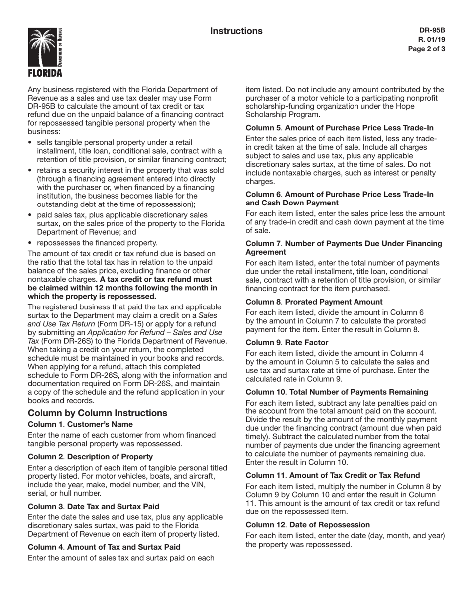 Form DR-95B Schedule of Tax Credits Claimed on Repossessed Tangible Personal Property - Florida, Page 2