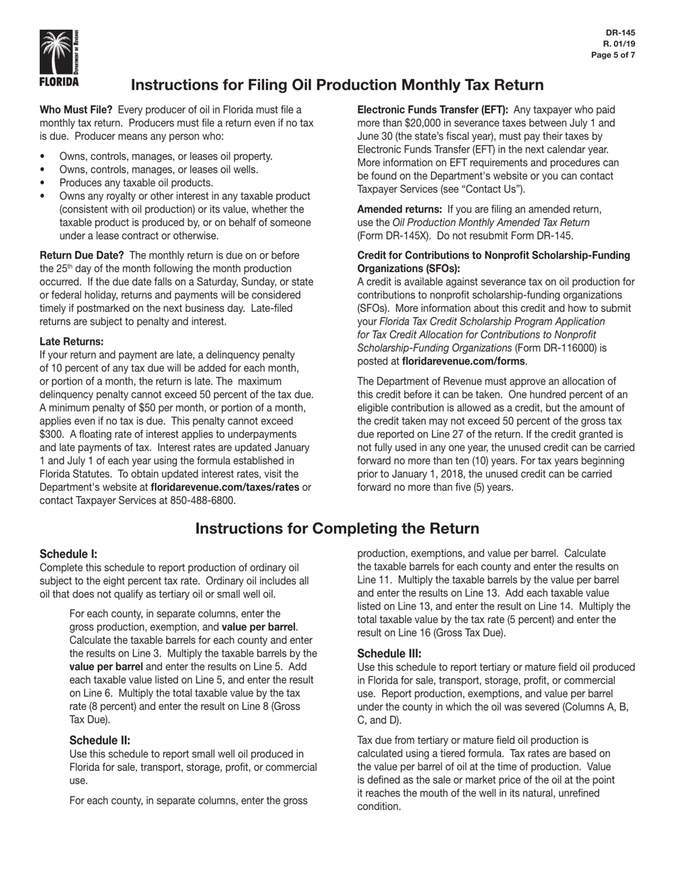 Form DR-145 Oil Production Monthly Tax Return - Florida, Page 5