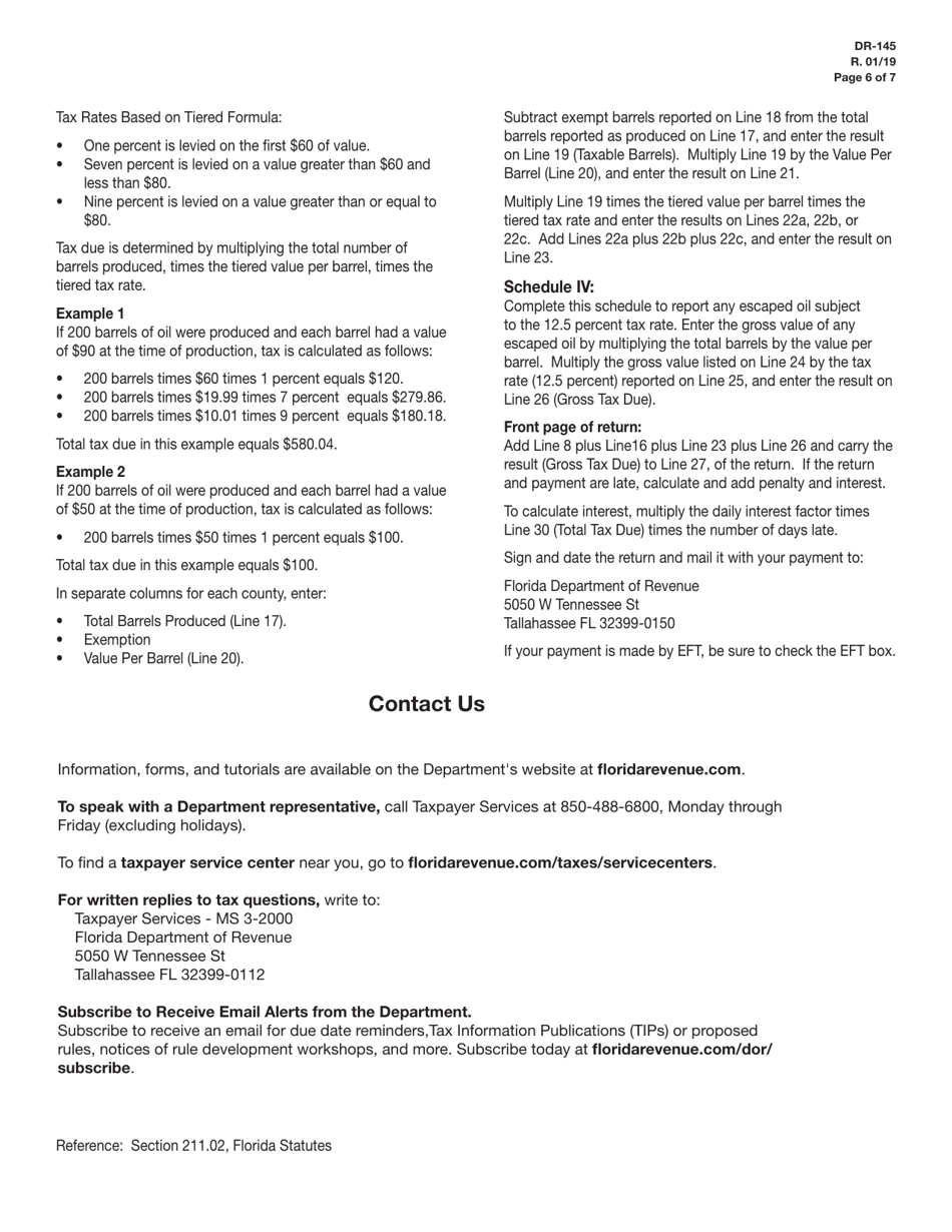 Form DR-145 Oil Production Monthly Tax Return - Florida, Page 6