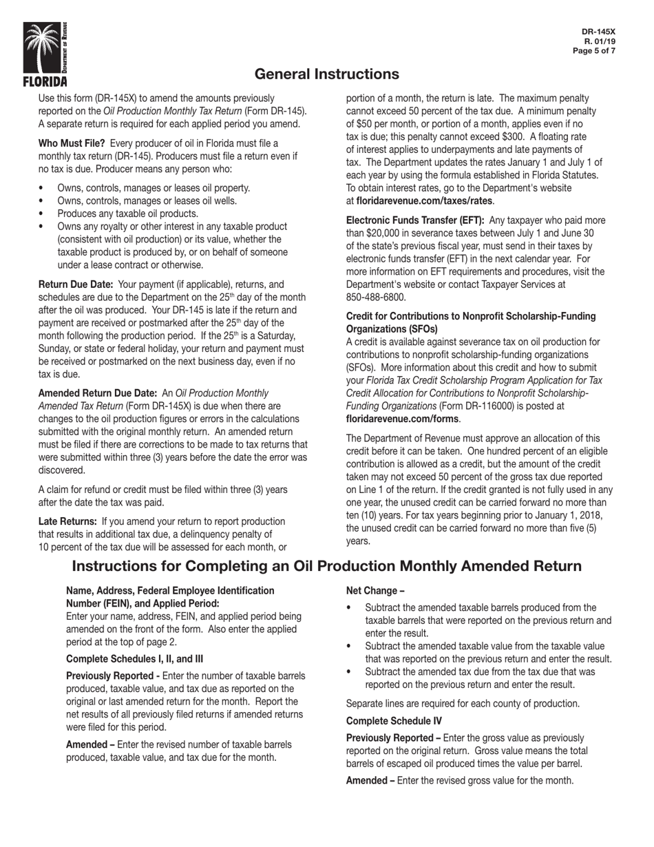 Form DR-145X Oil Production Monthly Amended Tax Return - Florida, Page 5
