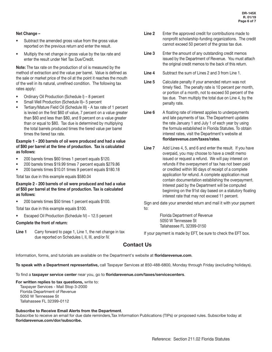 Form DR-145X Oil Production Monthly Amended Tax Return - Florida, Page 6