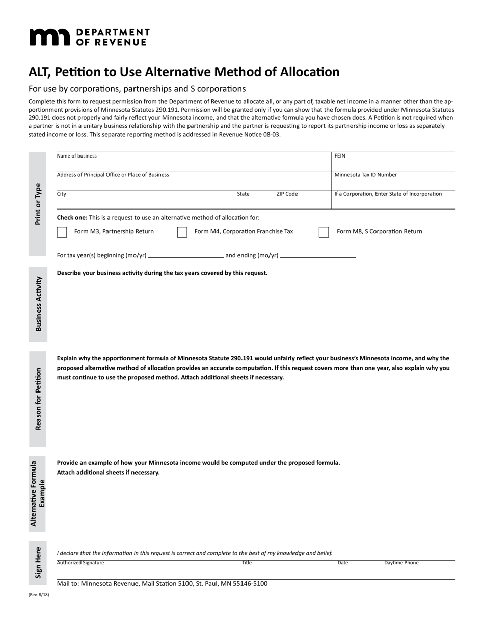 Form ALT Petition to Use Alternative Method of Allocation - Minnesota, Page 1