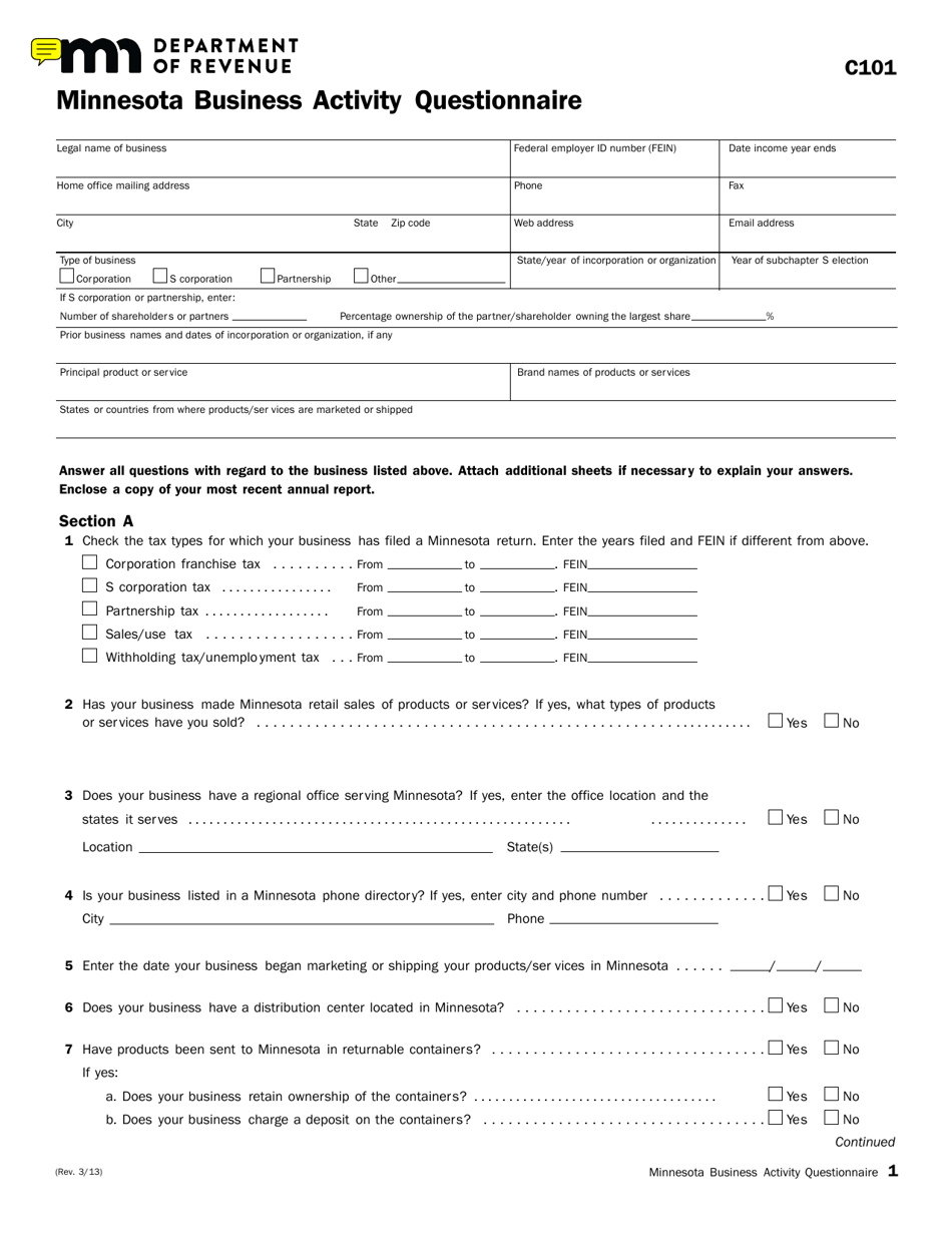 Form C101 Minnesota Business Activity Questionnaire - Minnesota, Page 1
