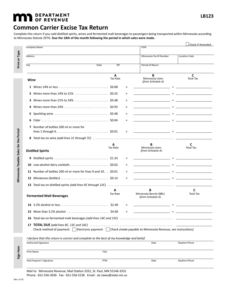 Form LB123 Common Carrier Excise Tax Return - Minnesota, Page 1