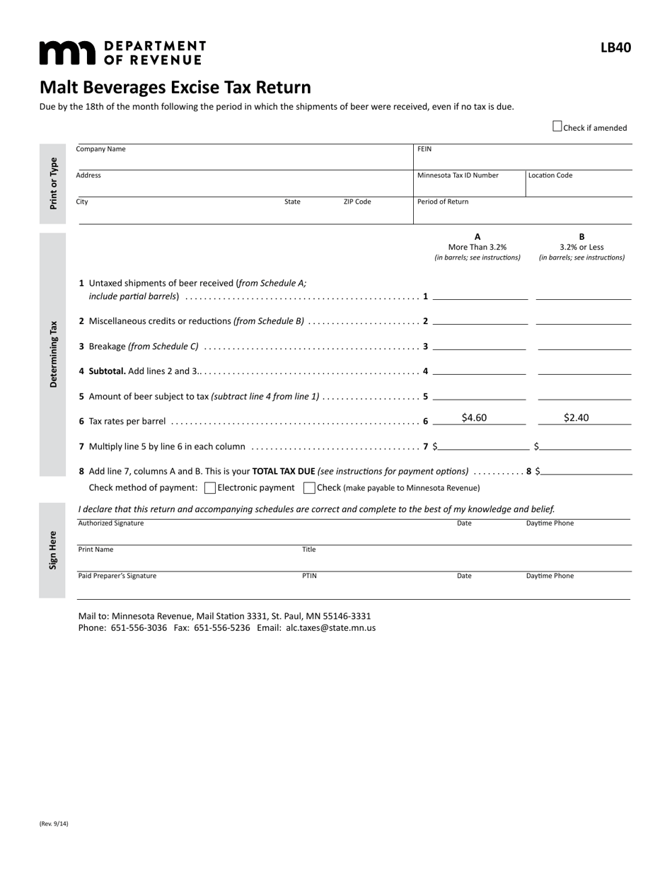 Form LB40 Malt Beverages Excise Tax Return - Minnesota, Page 1