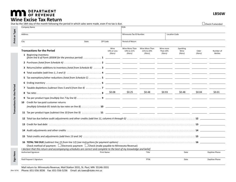 Form LB56W Wine Excise Tax Return - Minnesota, Page 1