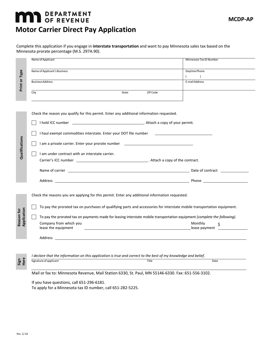 Form MCDP-AP Motor Carrier Direct Pay Application - Minnesota, Page 1