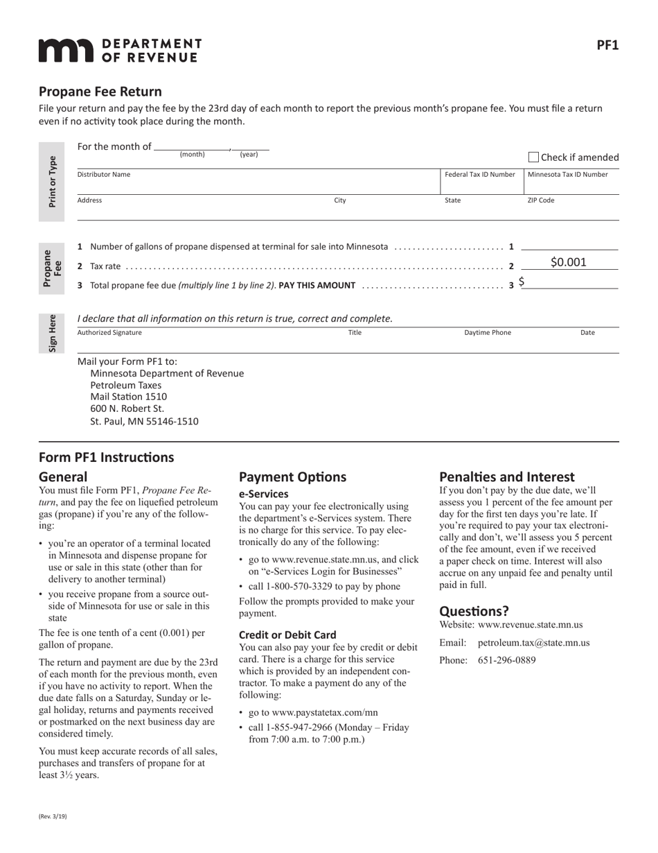 Form PF1 Propane Fee Return - Minnesota, Page 1