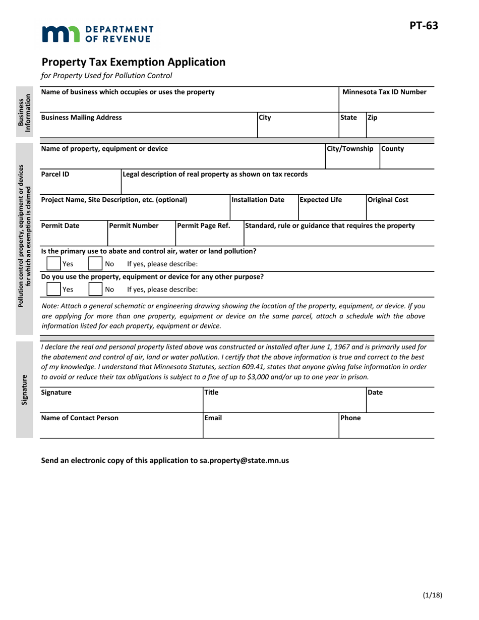 Form PT-63 Property Tax Exemption Application - Minnesota, Page 1