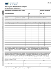 Document preview: Form PT-64 Property Tax Statement of Exemption (For Pollution Control) - Minnesota