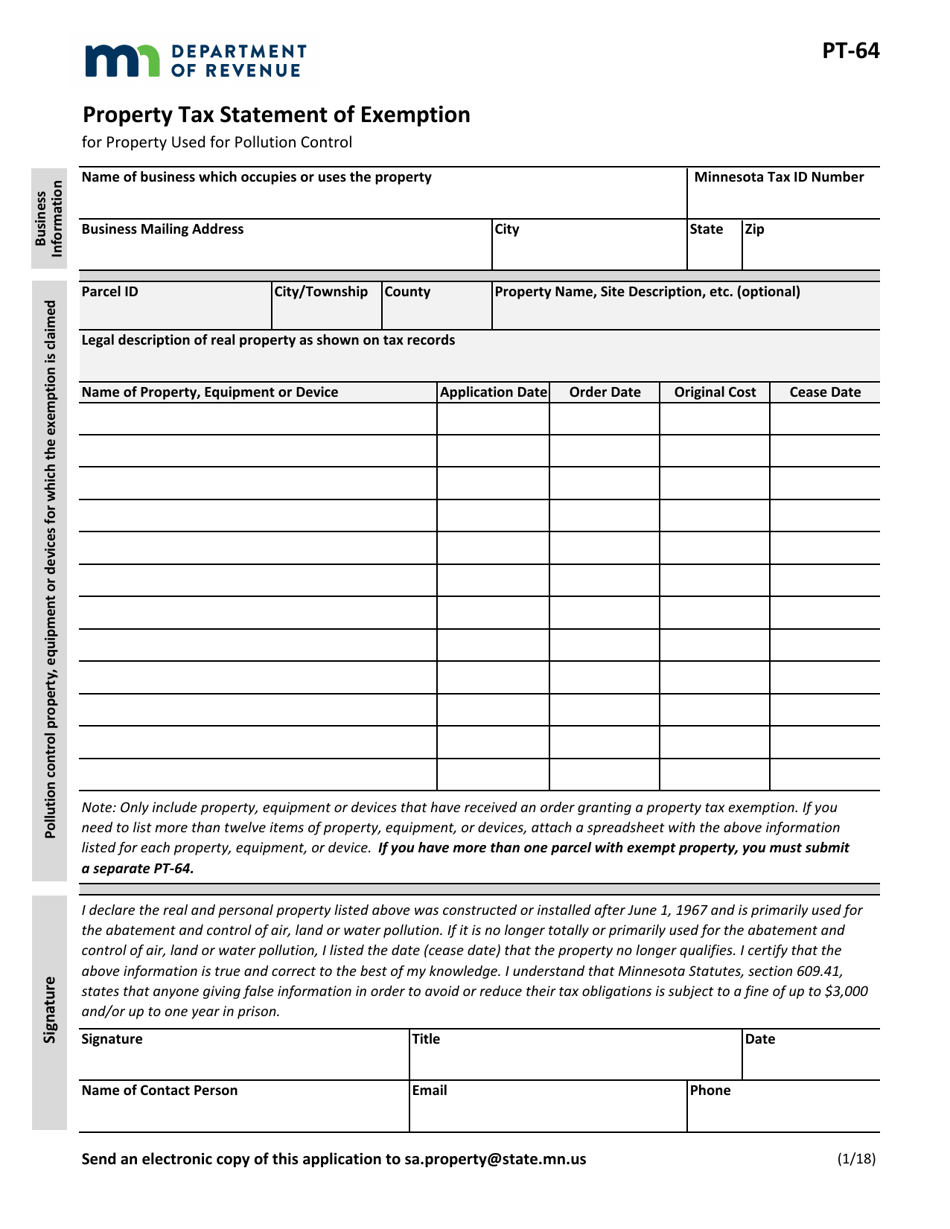Form PT-64 Property Tax Statement of Exemption (For Pollution Control) - Minnesota, Page 1