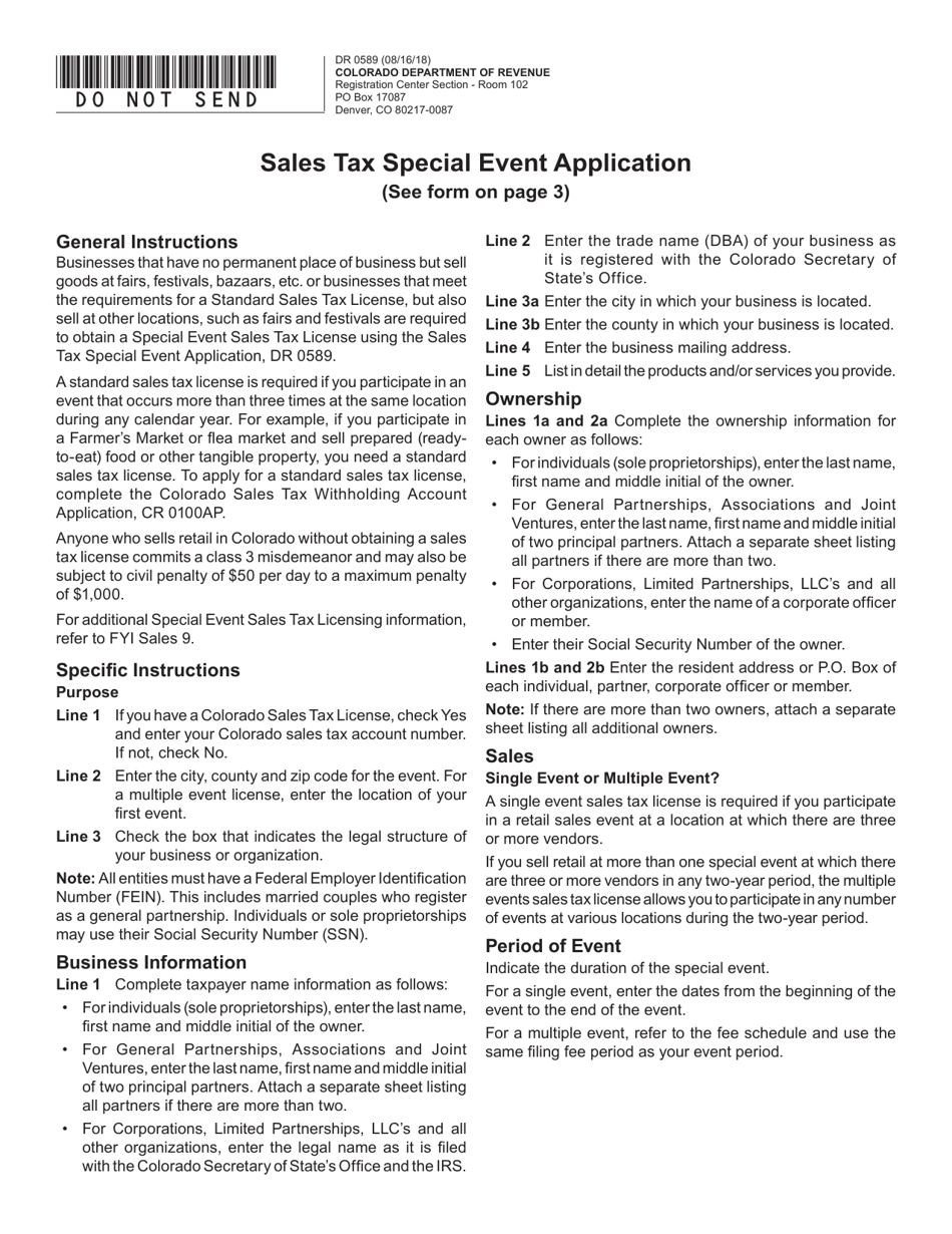 Form DR0589 Sales Tax Special Event Application - Colorado, Page 1