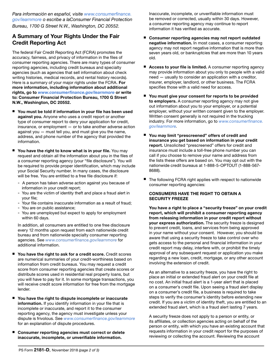 PS Form 2181-D Disclosure and Authorization for Consumer Reports and Investigative Consumer Reports, Page 2