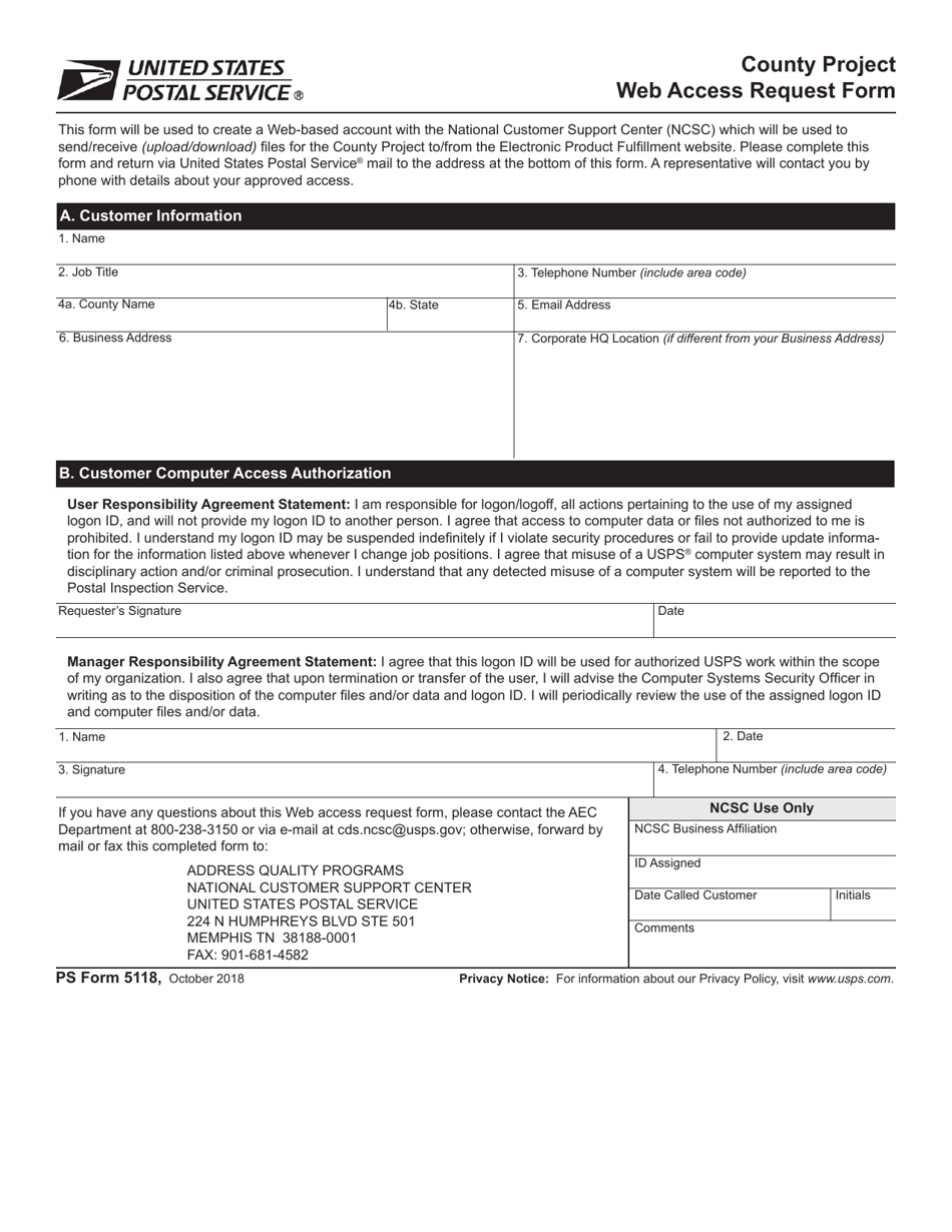 PS Form 5118 County Project Web Access Request Form, Page 1