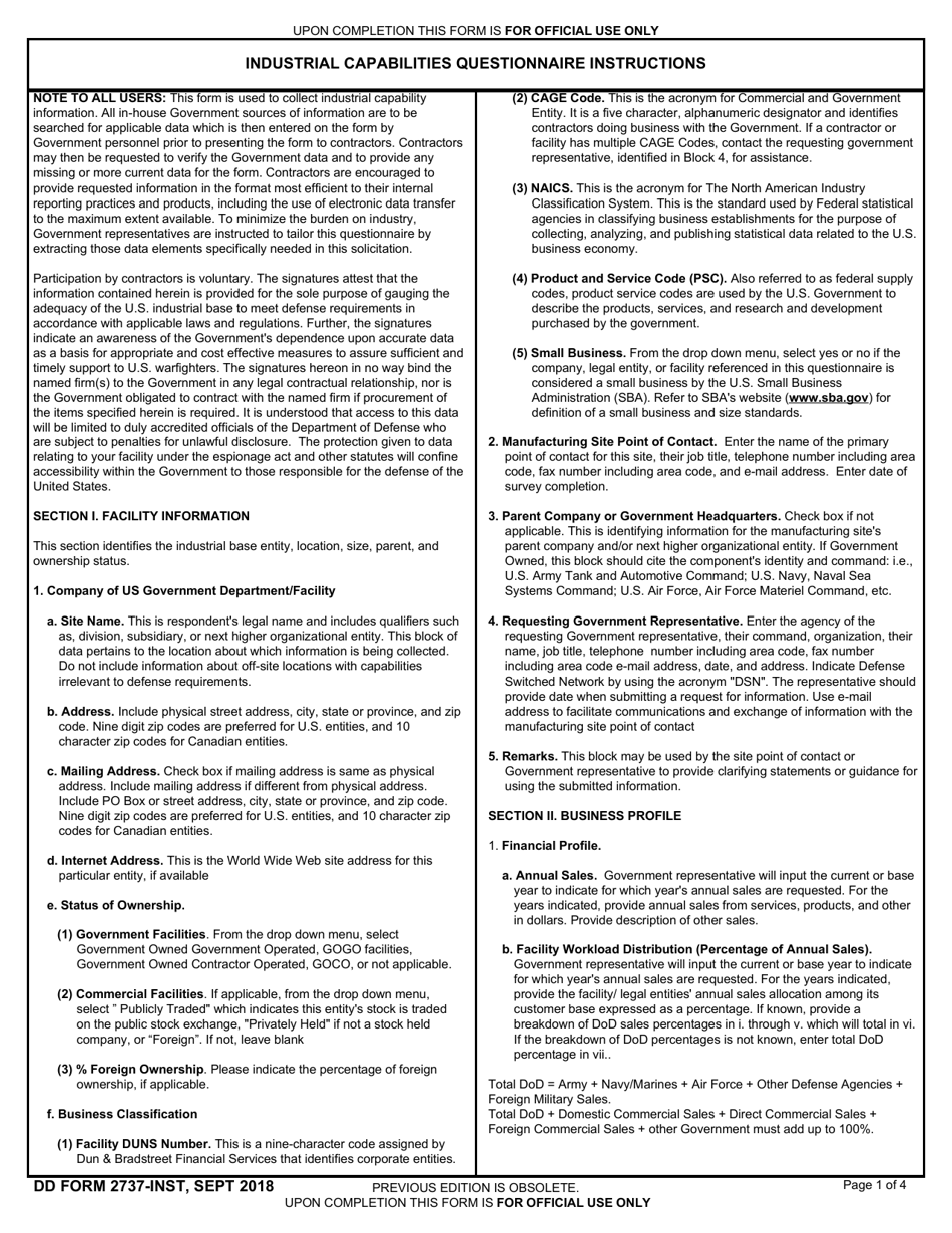 Instructions for DD Form 2737 Instructions for DD Form 2737 - Industrial Capabilities Questionnaire, Page 1