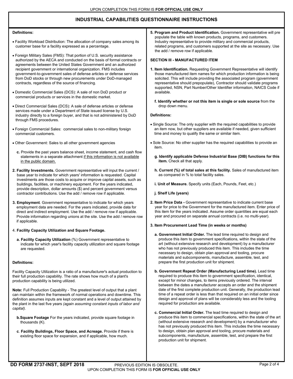 Instructions for DD Form 2737 Instructions for DD Form 2737 - Industrial Capabilities Questionnaire, Page 2
