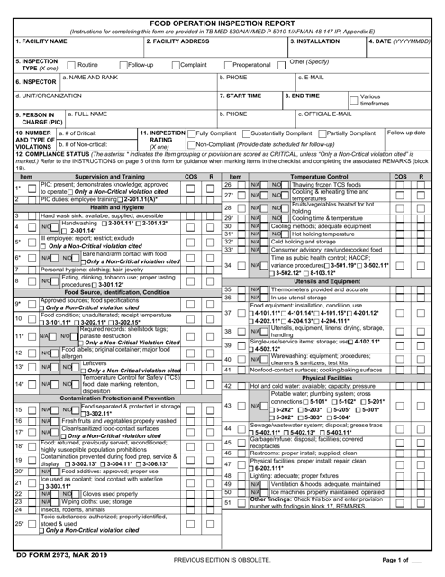 DD Form 2973 Food Operation Inspection Report