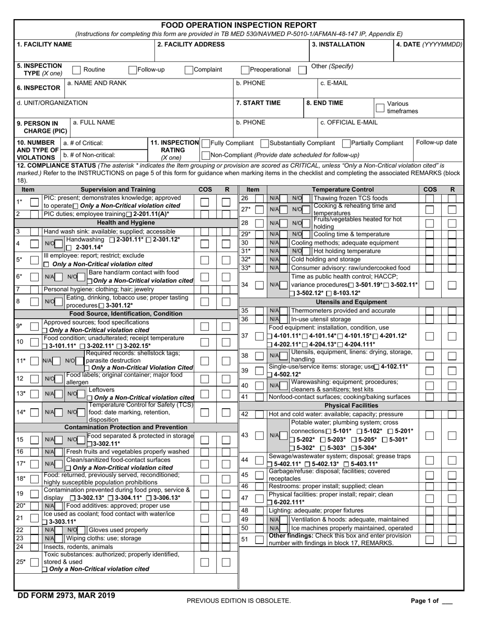 DD Form 2973 Food Operation Inspection Report, Page 1