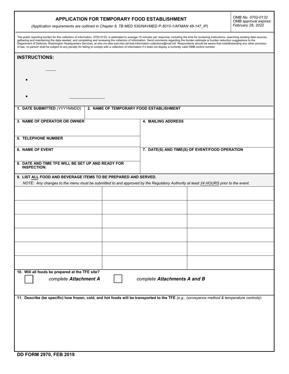 DD Form 2970 Application for Temporary Food Establishment, Page 1