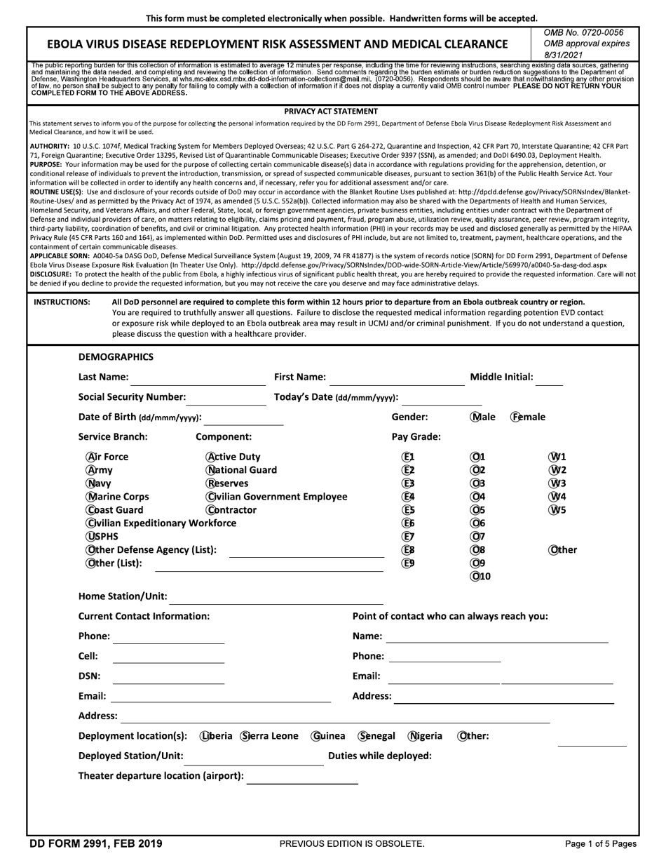 DD Form 2991 Ebola Virus Disease Redeployment Risk Assessment and Medical Clearance, Page 1