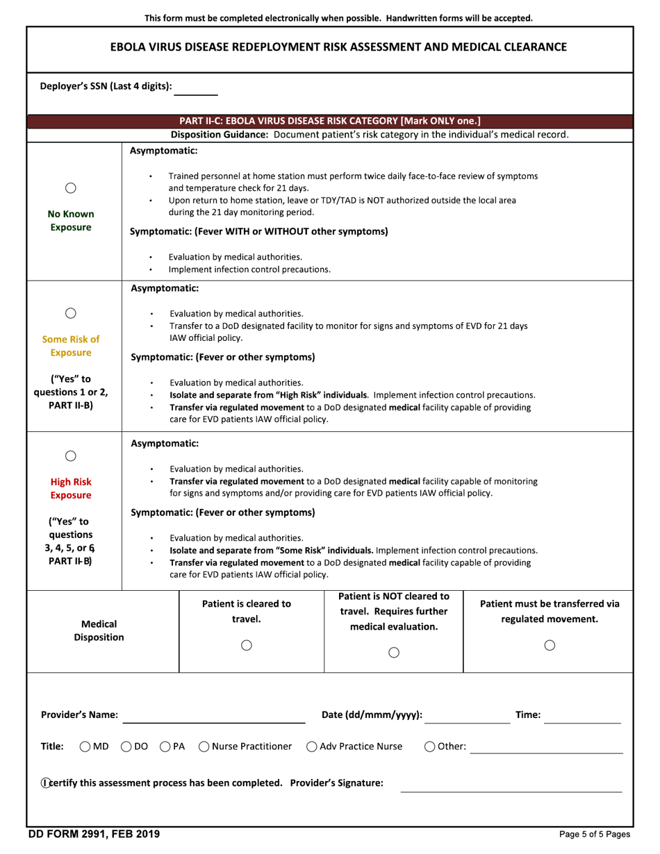 DD Form 2991 Ebola Virus Disease Redeployment Risk Assessment and Medical Clearance, Page 5