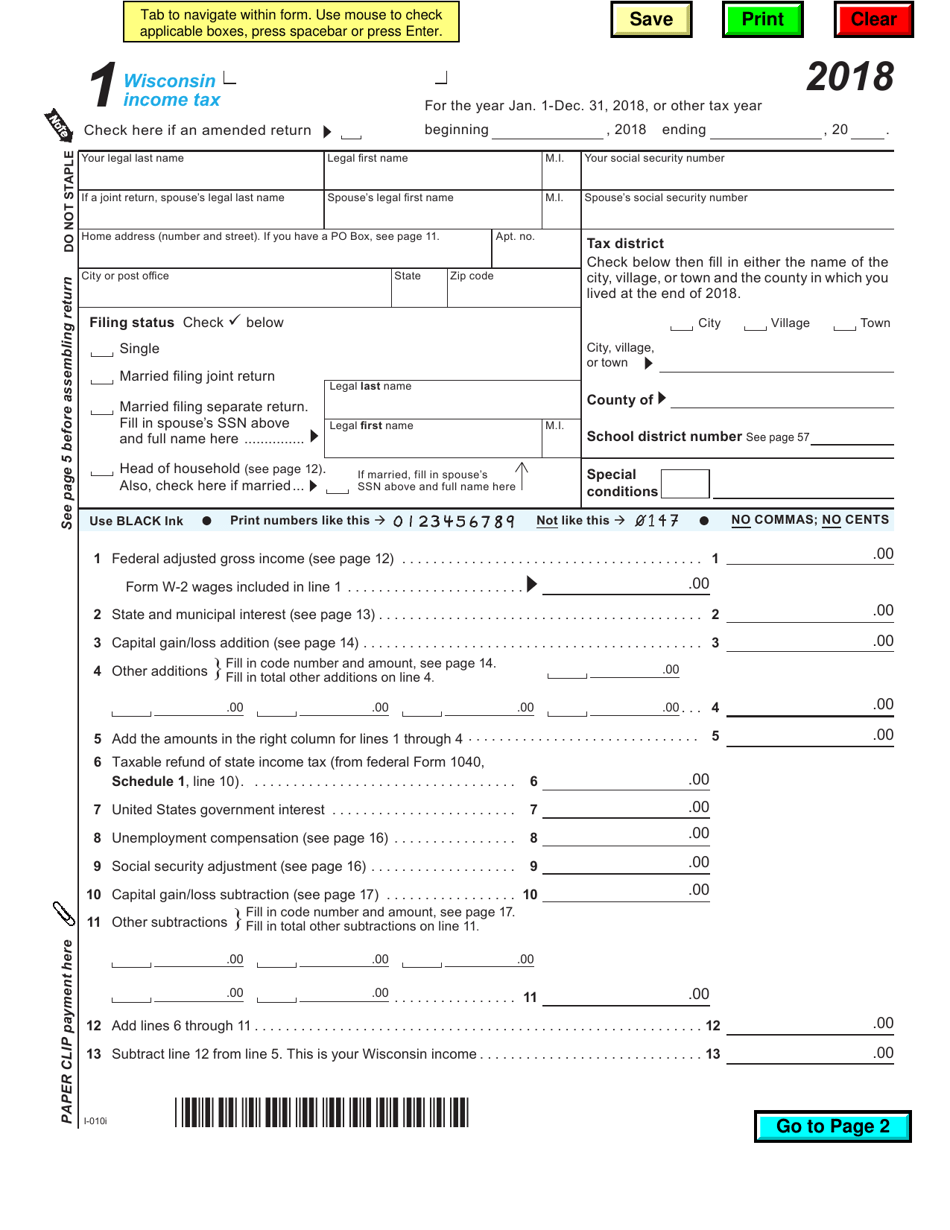 Form 1 Wisconsin Income Tax - Wisconsin, Page 1