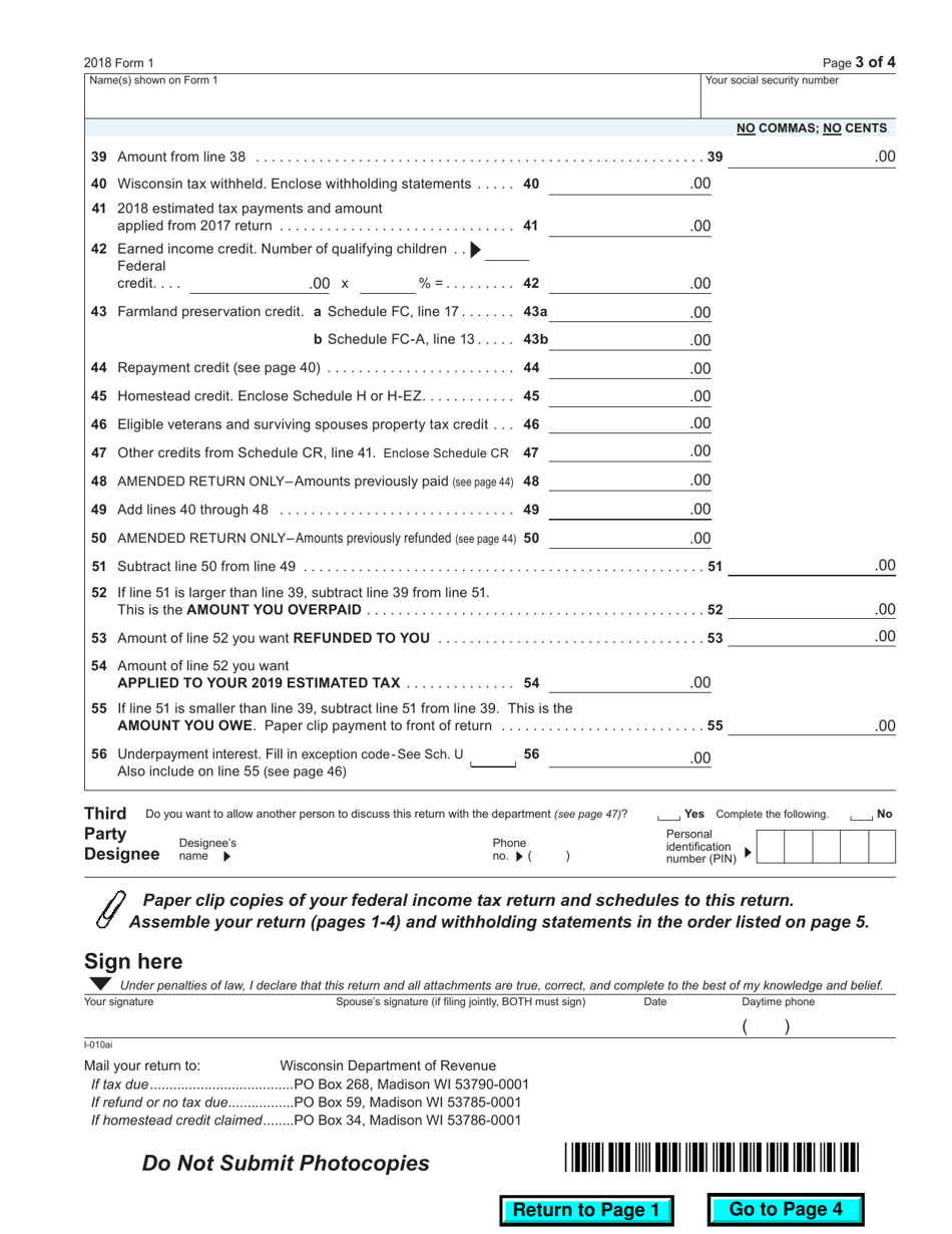 Form 1 Wisconsin Income Tax - Wisconsin, Page 3