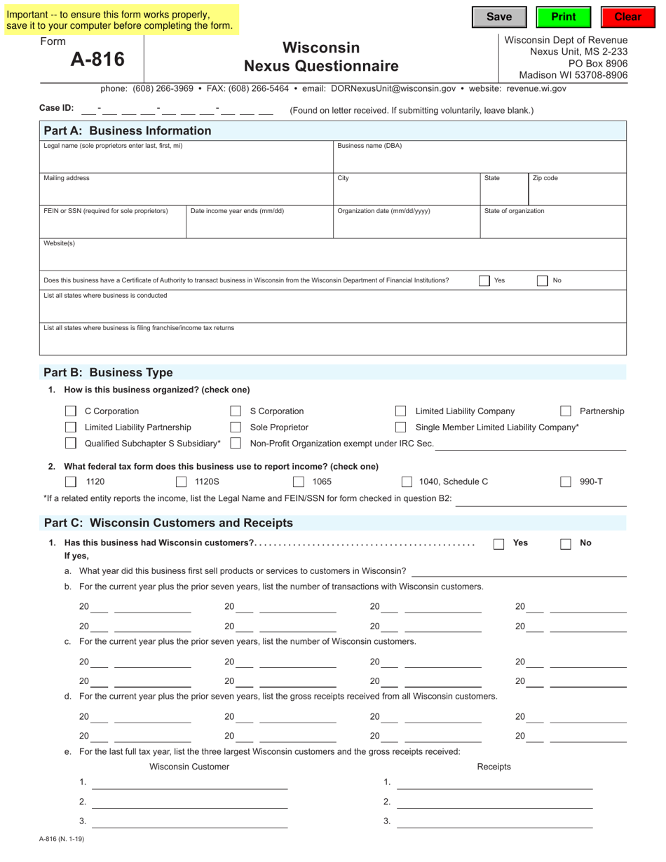 Form A-816 Wisconsin Nexus Questionnaire - Wisconsin, Page 1