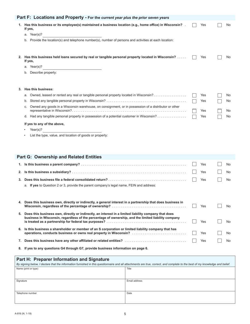 Form A816 Fill Out, Sign Online and Download Fillable PDF, Wisconsin