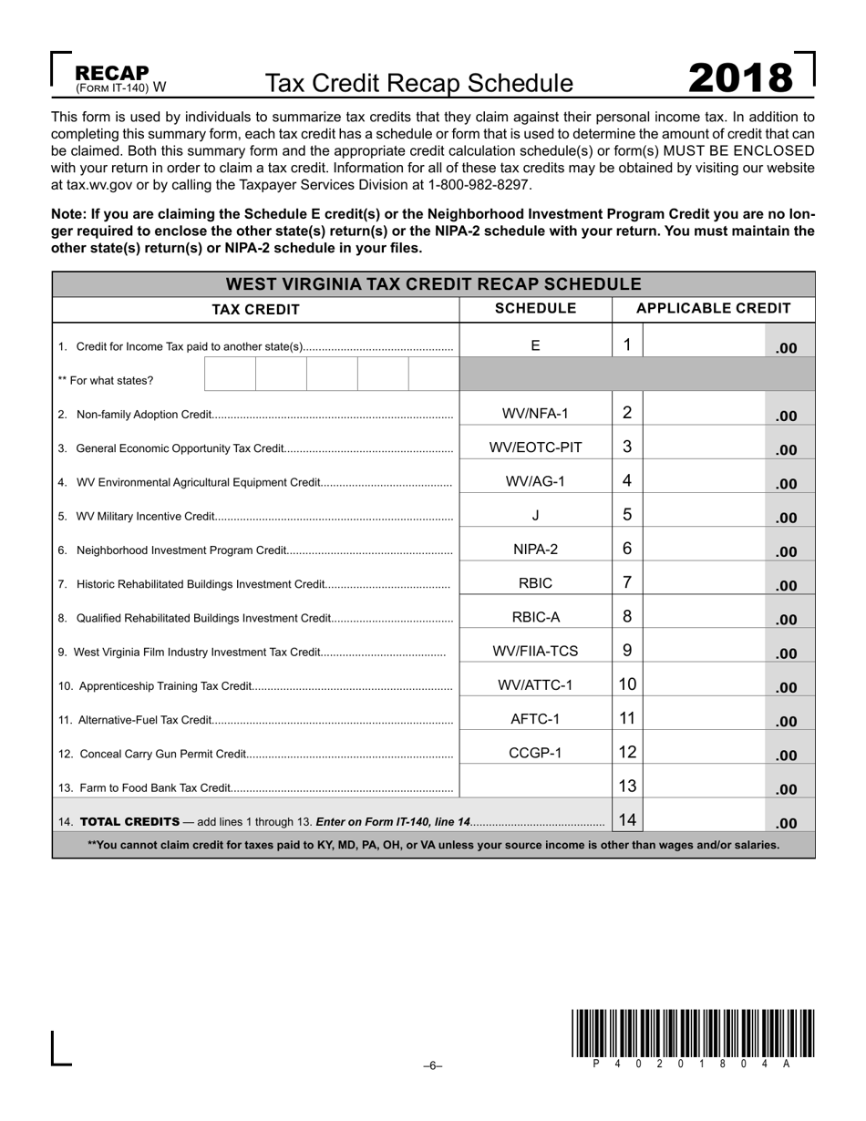 Form IT-140 Tax Credit Recap Schedule - Virginia, Page 1